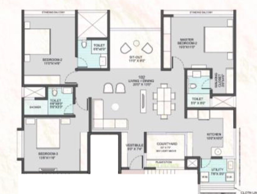 Floor plan of 3 BHK 1270 Sq. Ft. Apartment in Lagoo Bilvadal, Pune
