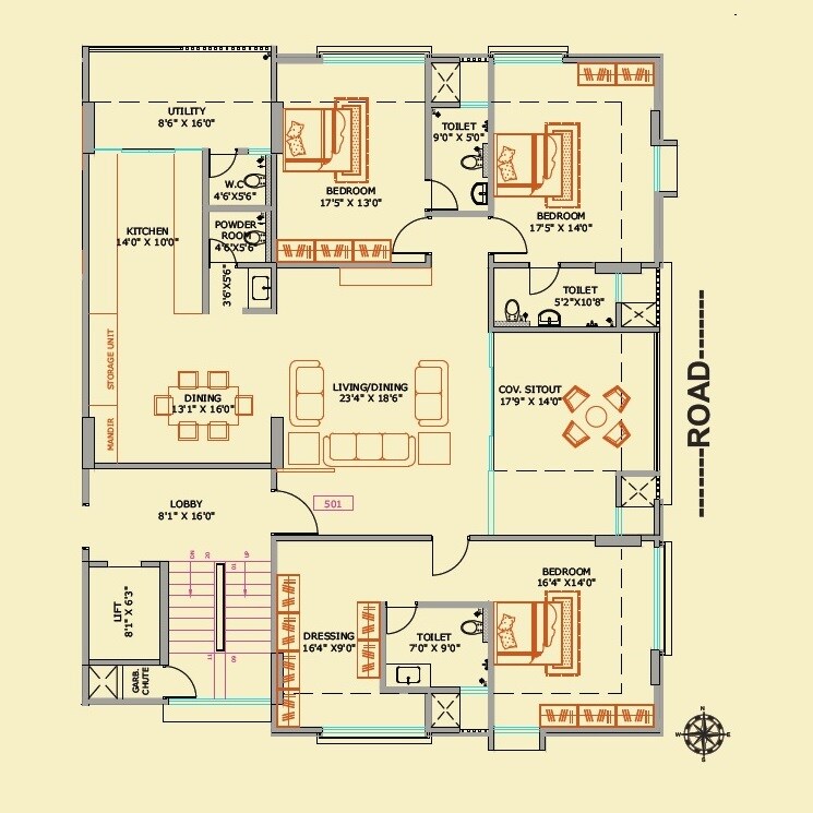 Floor plan of 4 BHK 2350 Sq. Ft. Apartment in Lagoo Shalimar, Pune