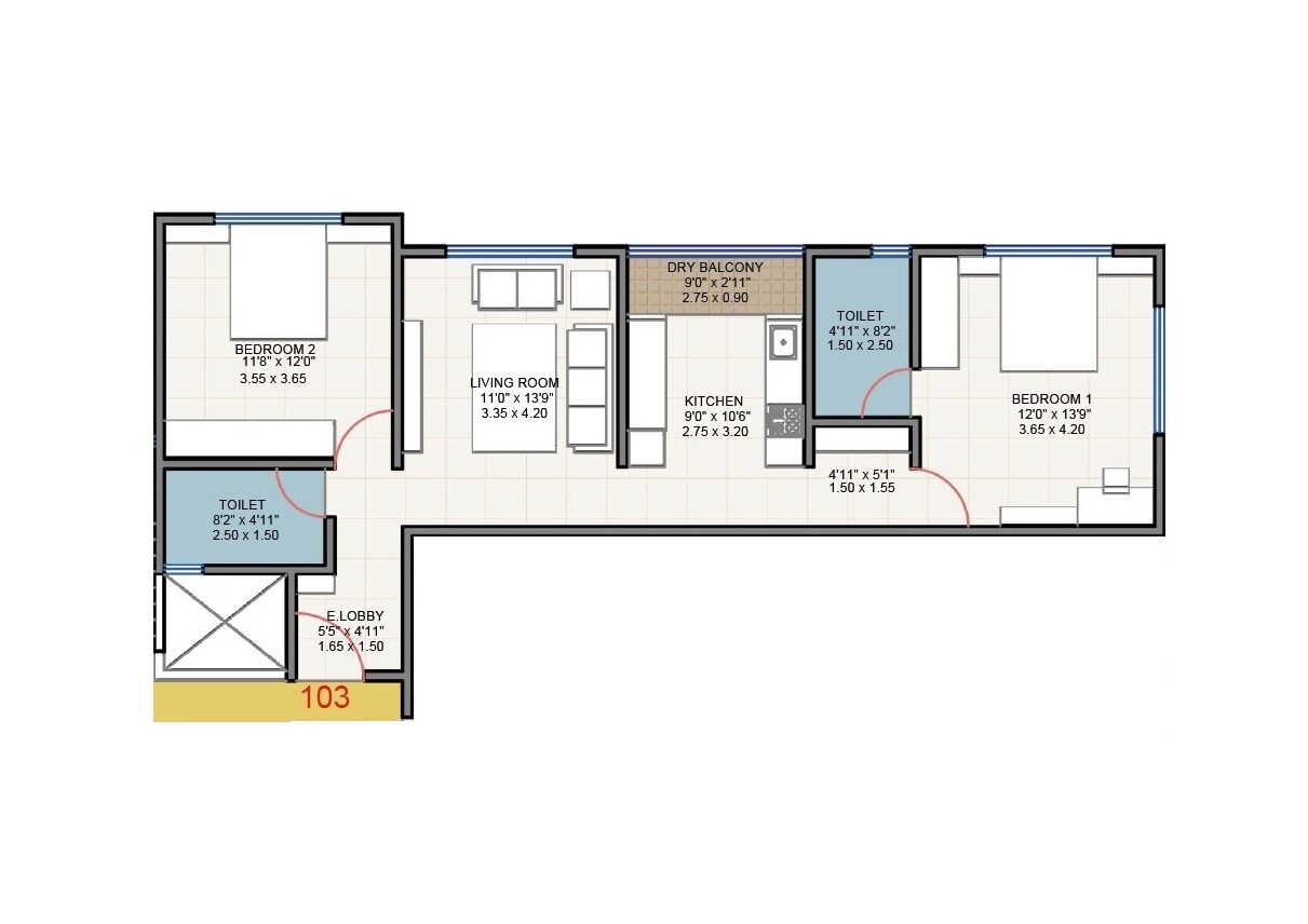 2 BHK 770 Sq. Ft. Apartment