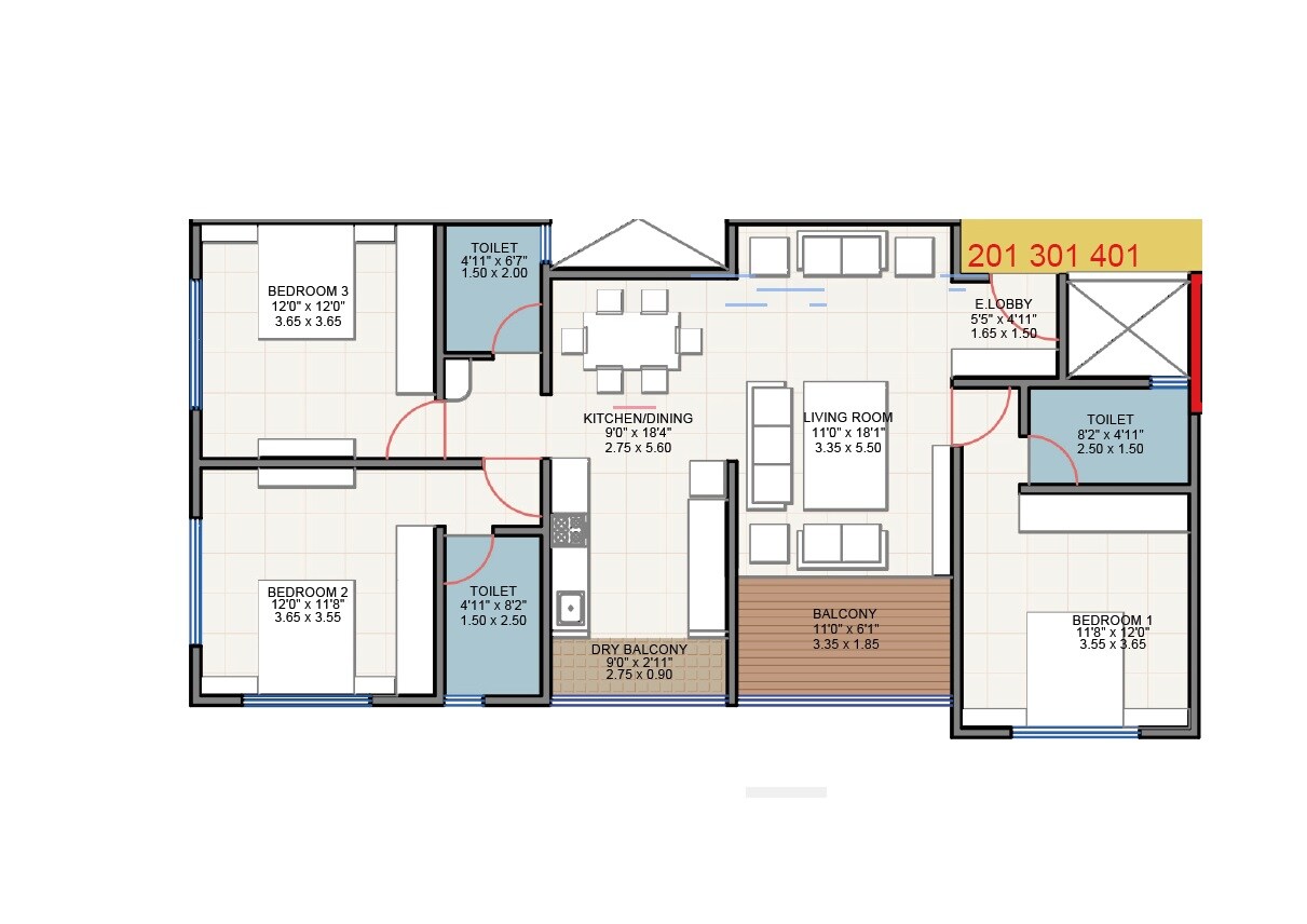 3 BHK 1133 Sq. Ft. Apartment