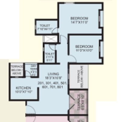 Floor plan of 2 BHK 790 Sq. Ft. Apartment in Laigude Alankapuri, Pune