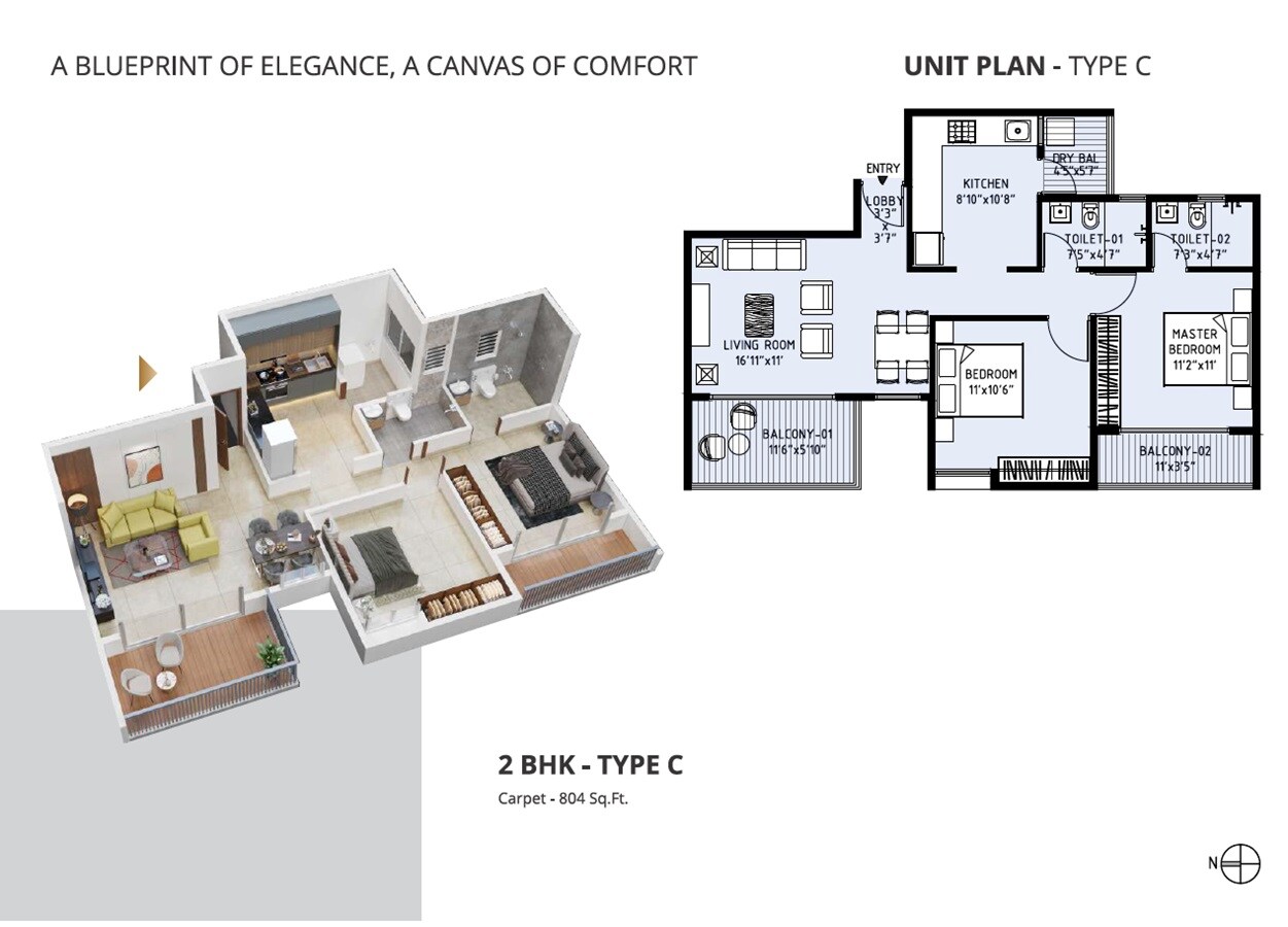 Floor plan of 2 BHK 804 Sq. Ft. Apartment in Landmark Bhukum 45, Pune