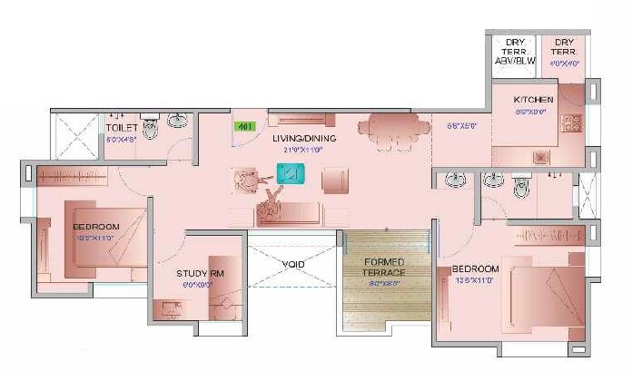 Floor plan of 2 BHK 1139 Sq. Ft. Apartment in Landmark Primrose, Pune