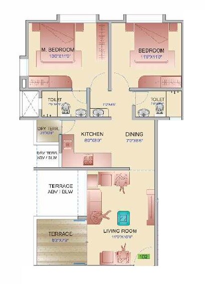 Floor plan of 2 BHK 980 Sq. Ft. Apartment in Landmark Primrose, Pune