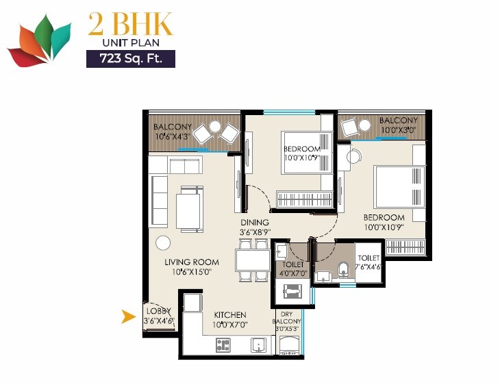 Floor plan of 2 BHK 730 Sq. Ft. Apartment in Landmarkk Luxuria, Pune