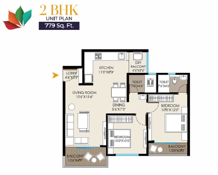 Floor plan of 2 BHK 798 Sq. Ft. Apartment in Landmarkk Luxuria, Pune