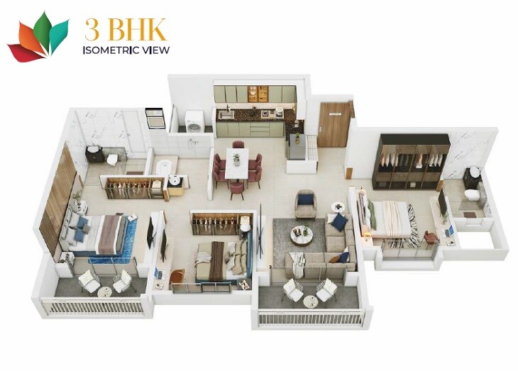 Floor plan of 3 BHK 841 Sq. Ft. Apartment in Landmarkk Luxuria, Pune