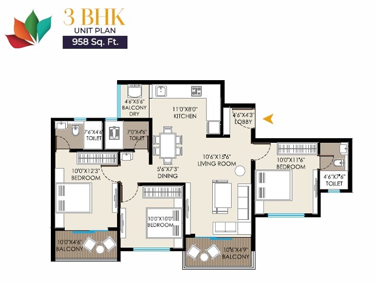 Floor plan of 3 BHK 987 Sq. Ft. Apartment in Landmarkk Luxuria, Pune