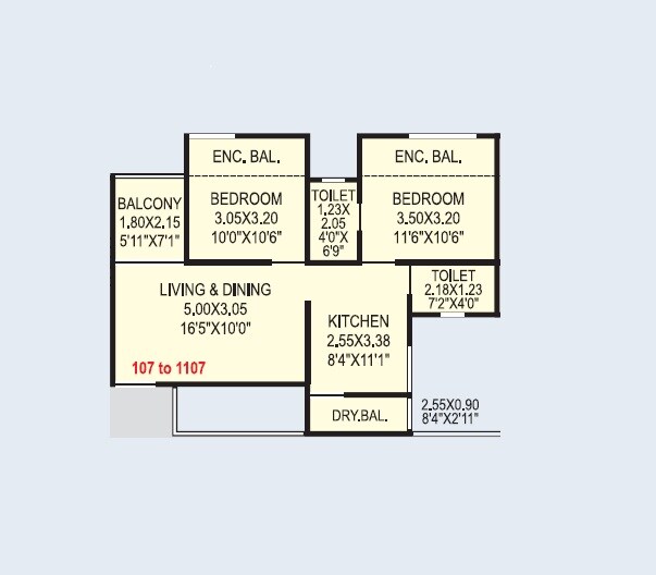 Floor plan of 2 BHK 622 Sq. Ft. Apartment in Landson Shine, Pune