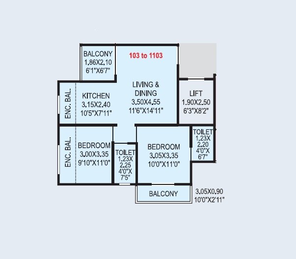 Floor plan of 2 BHK 663 Sq. Ft. Apartment in Landson Shine, Pune