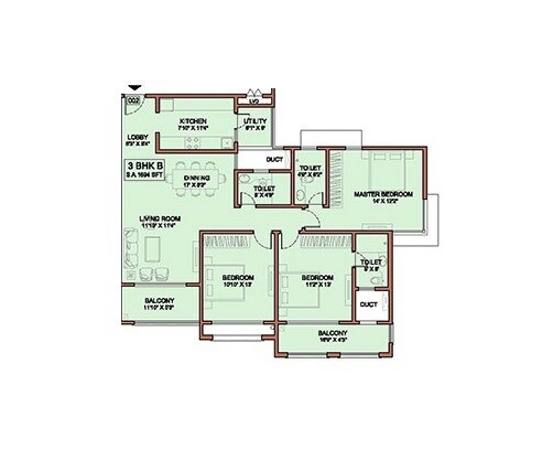 Floor plan of 3 BHK 1122 Sq. Ft. Apartment in Lavasa Belshore Apartments, Pune