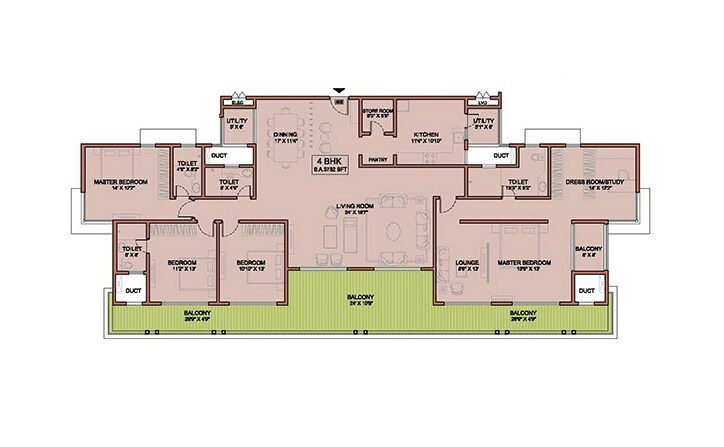 Floor plan of 4 BHK 2227 Sq. Ft. Apartment in Lavasa Belshore Apartments, Pune