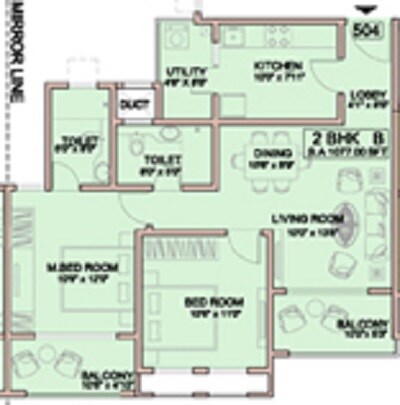Floor plan of 2 BHK 679 Sq. Ft. Apartment in Lavasa Hillshore Apartments, Pune