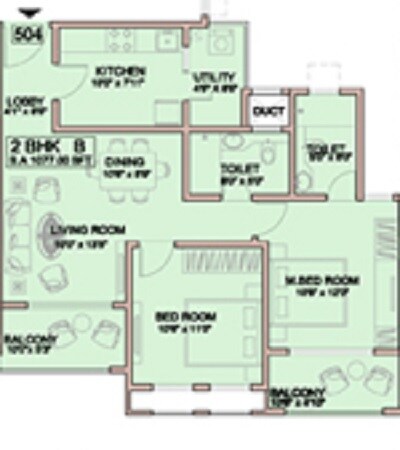 Floor plan of 2 BHK 919 Sq. Ft. Apartment in Lavasa Hillshore Apartments, Pune