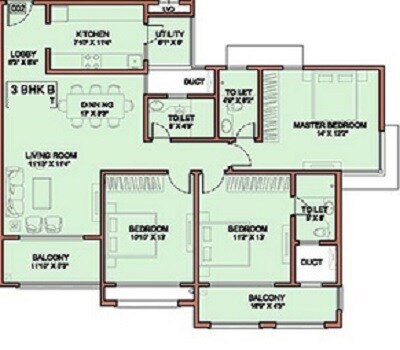 Floor plan of 3 BHK 1122 Sq. Ft. Apartment in Lavasa Hillshore Apartments, Pune