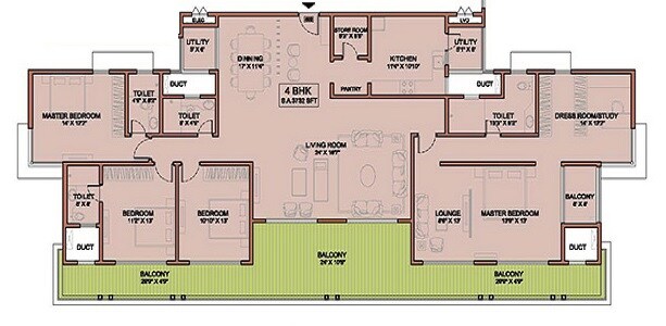 Floor plan of 4 BHK 2227 Sq. Ft. Apartment in Lavasa Hillshore Apartments, Pune