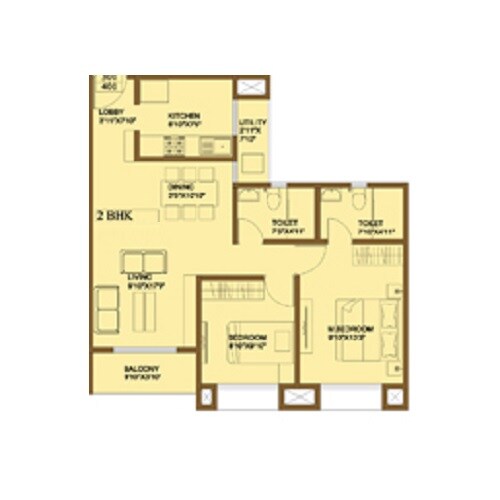 Floor plan of 2 BHK 667 Sq. Ft. Apartment in Lavasa Valley View Apartments, Pune