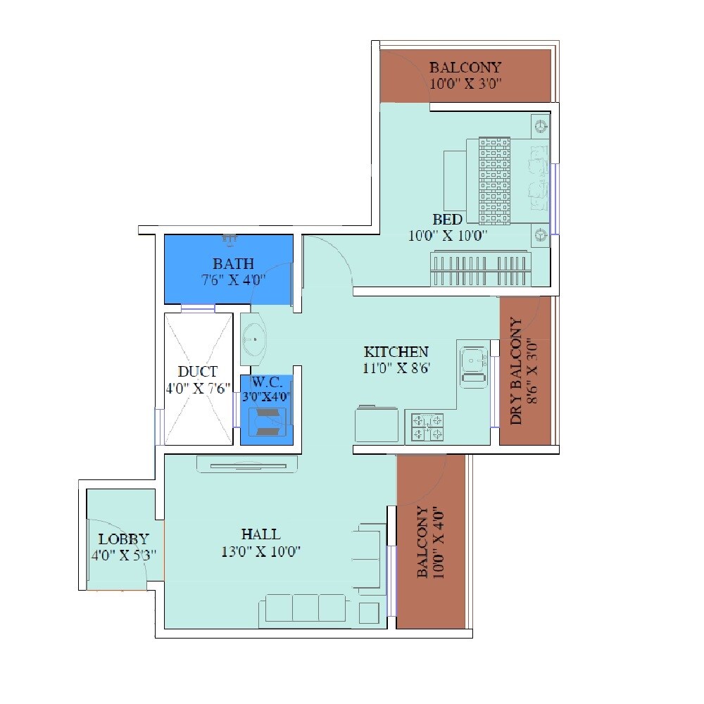Floor plan of 1 BHK 530 Sq. Ft. Apartment in Laxmi Shrushti, Pune