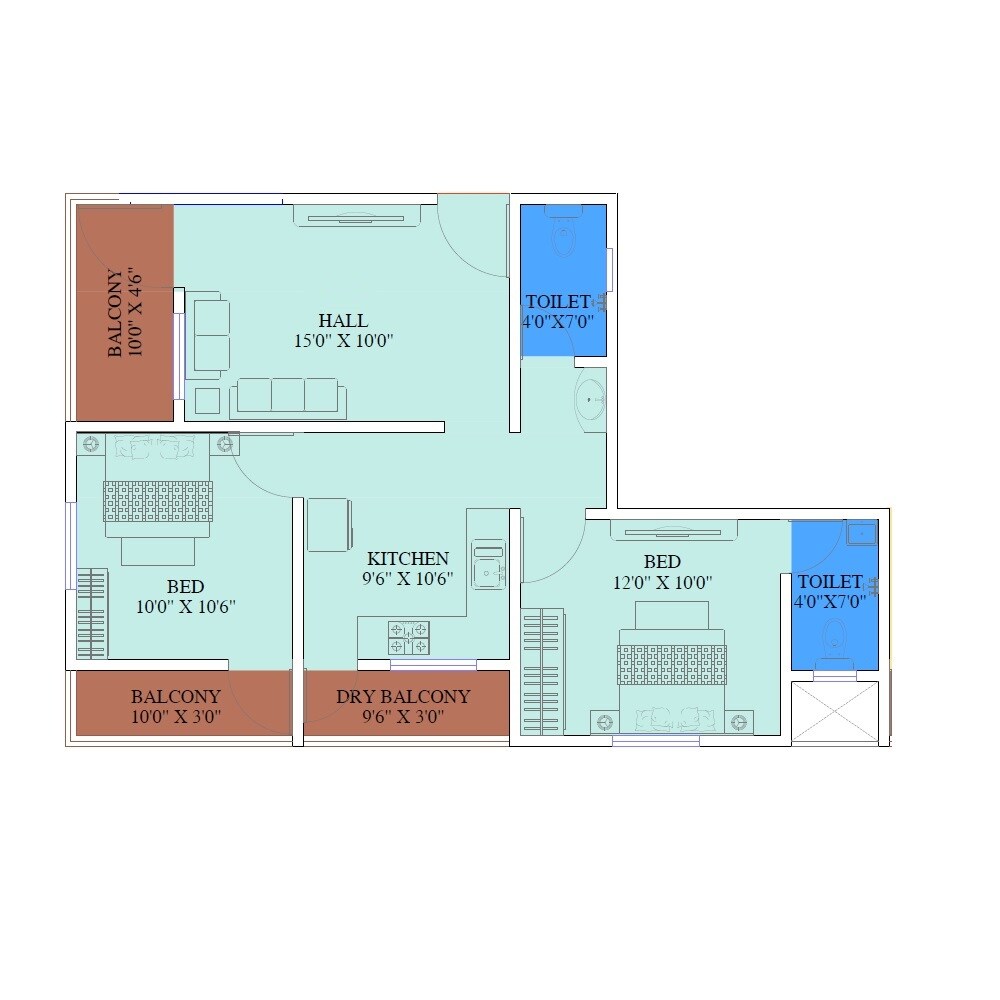Floor plan of 2 BHK 685 Sq. Ft. Apartment in Laxmi Shrushti, Pune