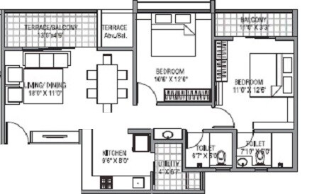 Floor plan of 2 BHK 709 Sq. Ft. Apartment in Legacy Aeon, Pune