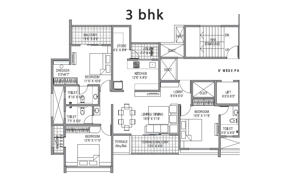 Floor plan of 3 BHK 1150 Sq. Ft. Apartment in Legacy Aeon, Pune