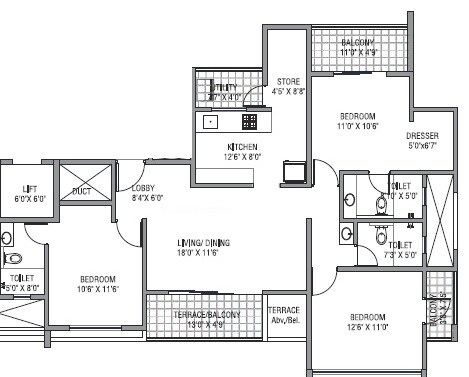 Floor plan of 3 BHK 976 Sq. Ft. Apartment in Legacy Aeon, Pune