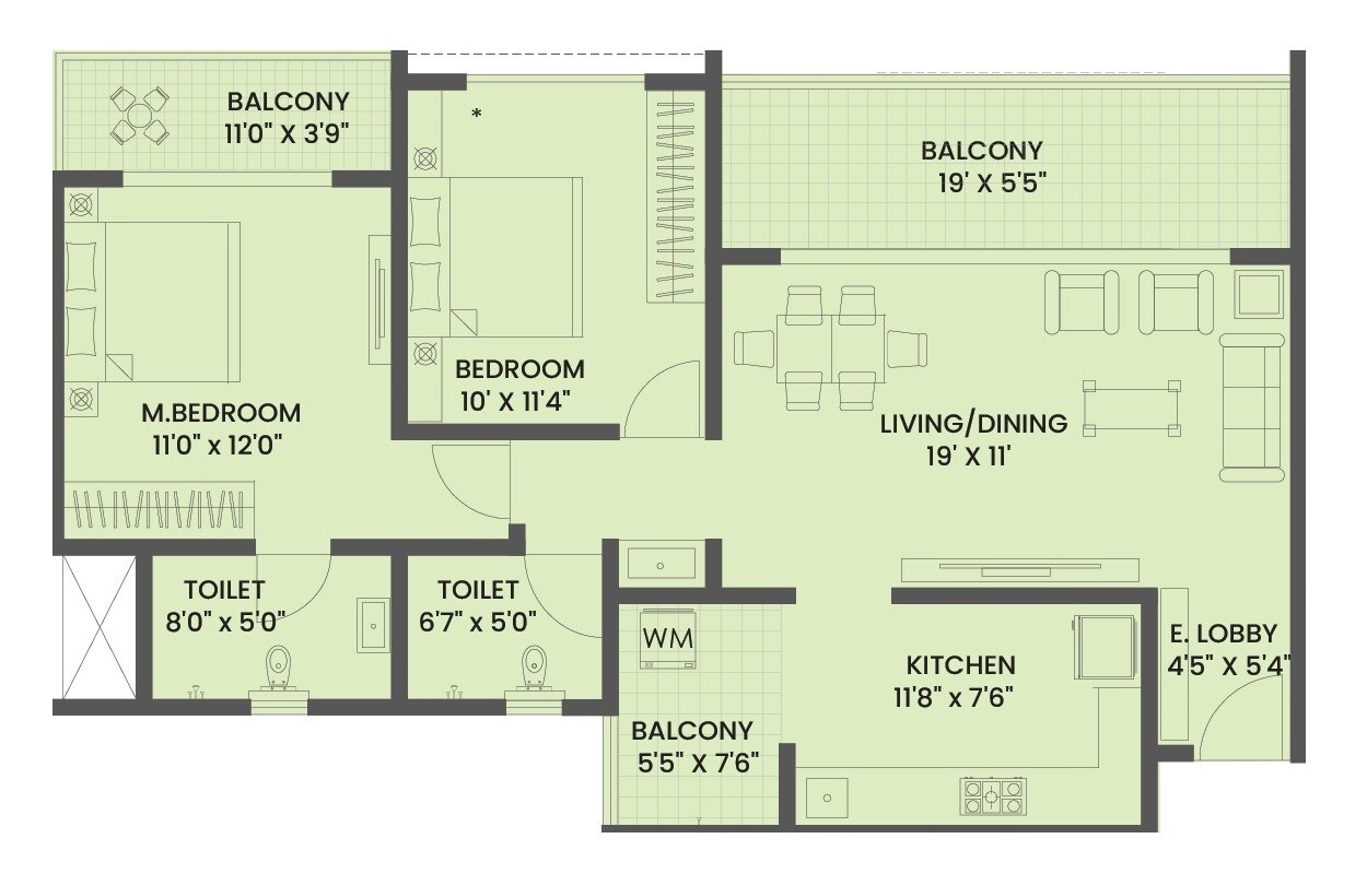 Floor plan of 2 BHK 716 Sq. Ft. Apartment in Legacy Eden, Pune
