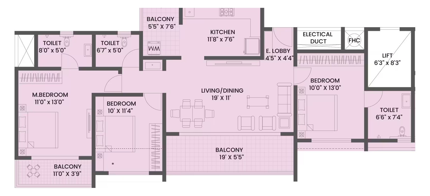 Floor plan of 3 BHK 909 Sq. Ft. Apartment in Legacy Eden, Pune