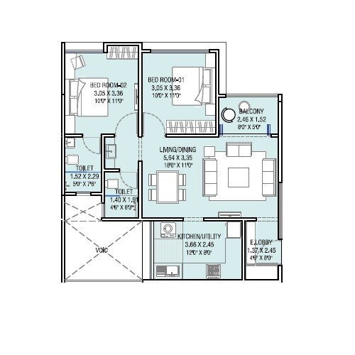 Floor plan of 2 BHK 872 Sq. Ft. Apartment in Legacy ILife, Pune