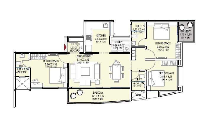 Floor plan of 3 BHK 1025 Sq. Ft. Apartment in Legacy ILife, Pune
