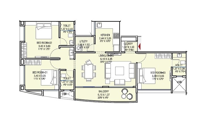 Floor plan of 3 BHK 1032 Sq. Ft. Apartment in Legacy ILife, Pune