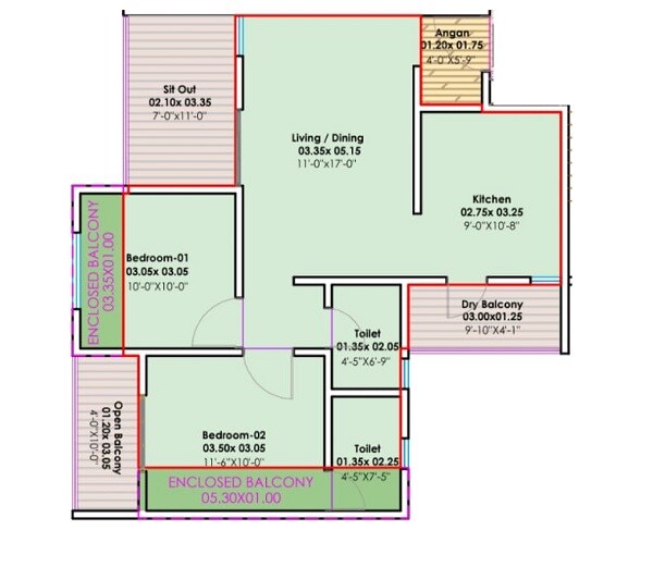 Floor plan of 2 BHK 576 Sq. Ft. Apartment in Legacy Imperial, Pune