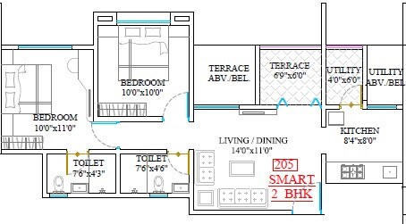 Floor plan of 2 BHK 505 Sq. Ft. Apartment in Legacy Lifespaces Aura, Pune