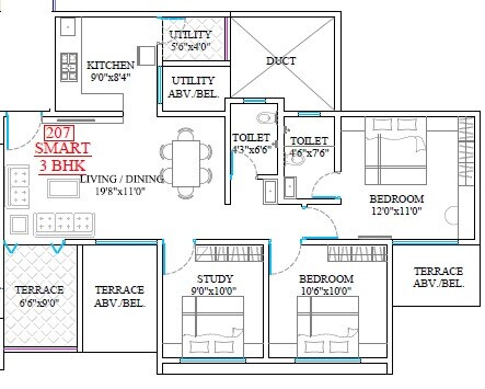 Floor plan of 3 BHK 632 Sq. Ft. Apartment in Legacy Lifespaces Aura, Pune