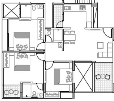 Floor plan of 3 BHK 624 Sq. Ft. Apartment in Legacy Millennia, Pune