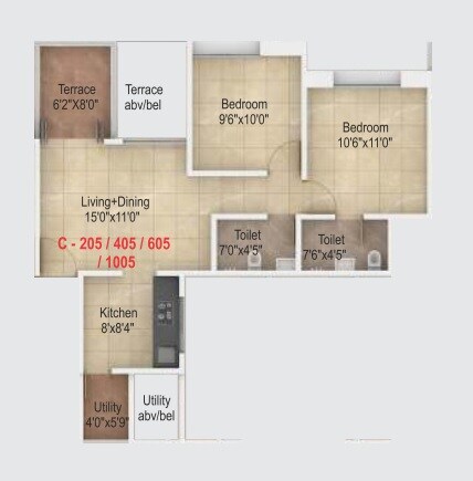 Floor plan of 2 BHK 460 Sq. Ft. Apartment in Legacy Twin Arcs Phase II, Pune