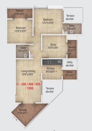 Floor plan of 3 BHK 693 Sq. Ft. Apartment in Legacy Twin Arcs Phase II, Pune