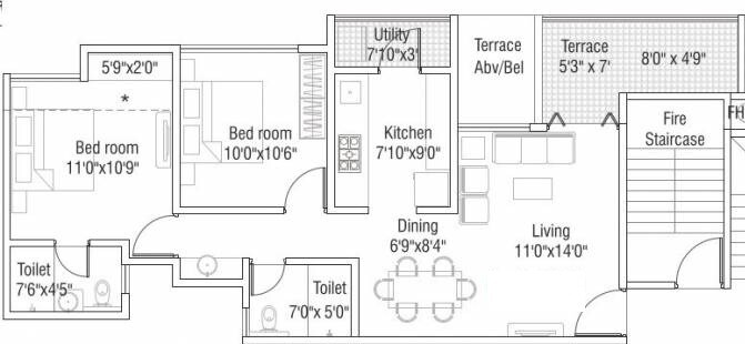 Floor plan of 2 BHK 569 Sq. Ft. Apartment in Legacy Vista, Pune
