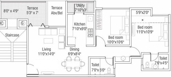 Floor plan of 2 BHK 631 Sq. Ft. Apartment in Legacy Vista, Pune