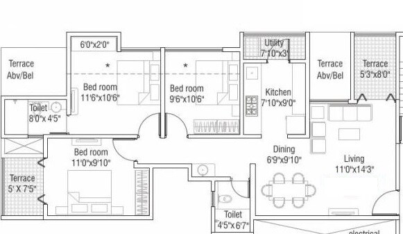 Floor plan of 3 BHK 728 Sq. Ft. Apartment in Legacy Vista, Pune