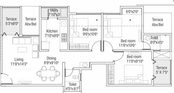 Floor plan of 3 BHK 805 Sq. Ft. Apartment in Legacy Vista, Pune
