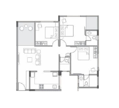 Floor plan of 3 BHK 860 Sq. Ft. Apartment in Legacy Woods, Pune
