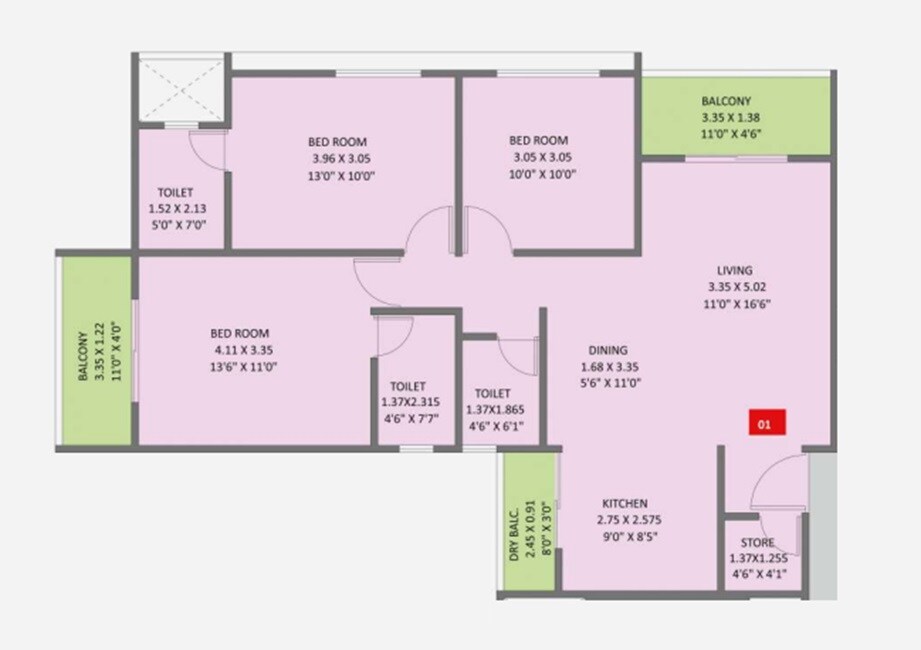 3 BHK 1041 Sq. Ft. Apartment