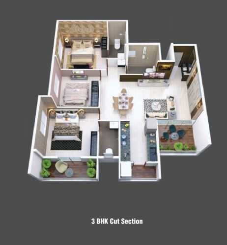 Floor plan of 3 BHK Apartment - 1000 sq. ft. in Linux Bonheur, Pune