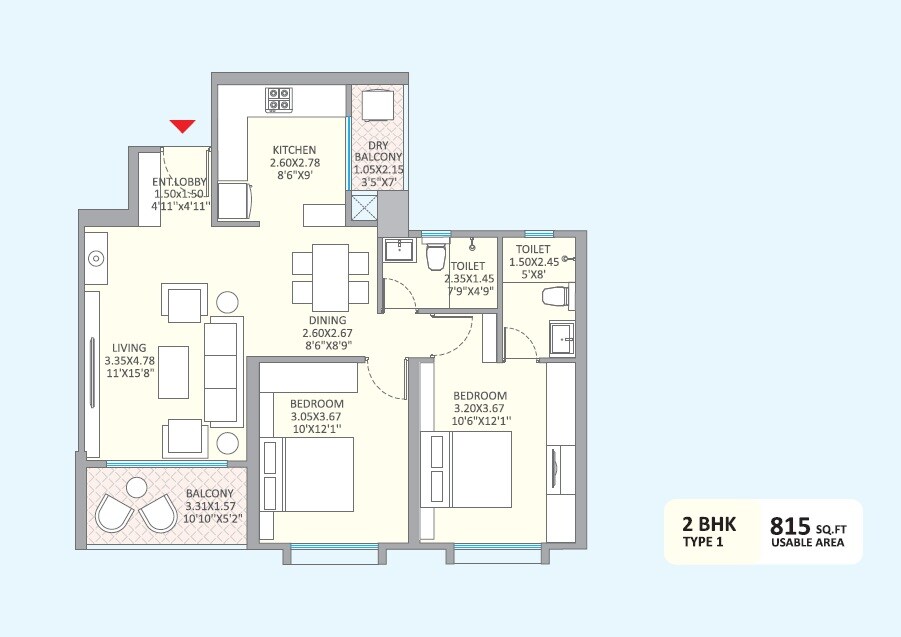Floor plan of 2 BHK 815 Sq. Ft. Apartment in Kolte Patil Little Earth, Pune