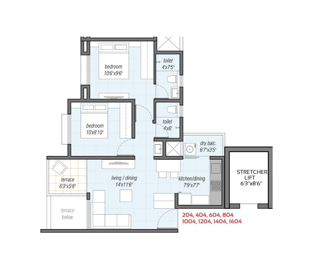 Floor plan of 2 BHK 575 Sq. Ft. Apartment in Little Earth Masulkar City Phase 2, Pune