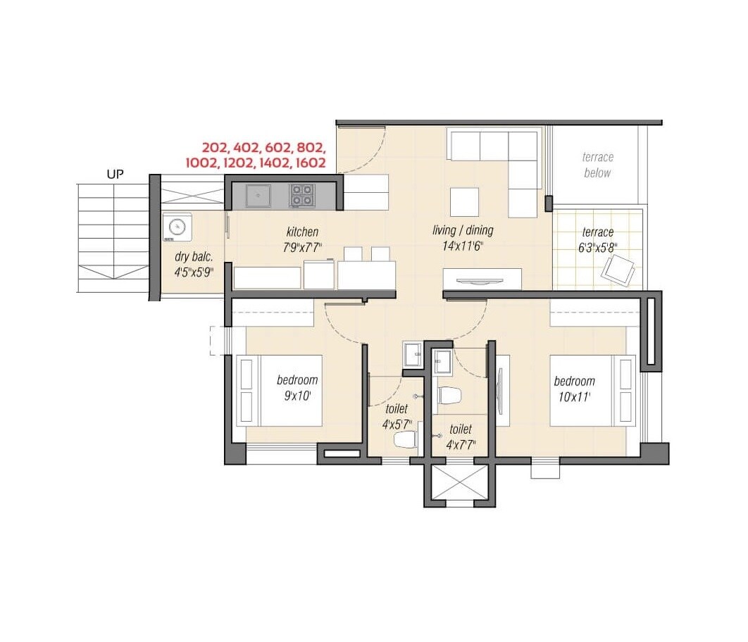 Floor plan of 2 BHK 616 Sq. Ft. Apartment in Little Earth Masulkar City Phase 2, Pune