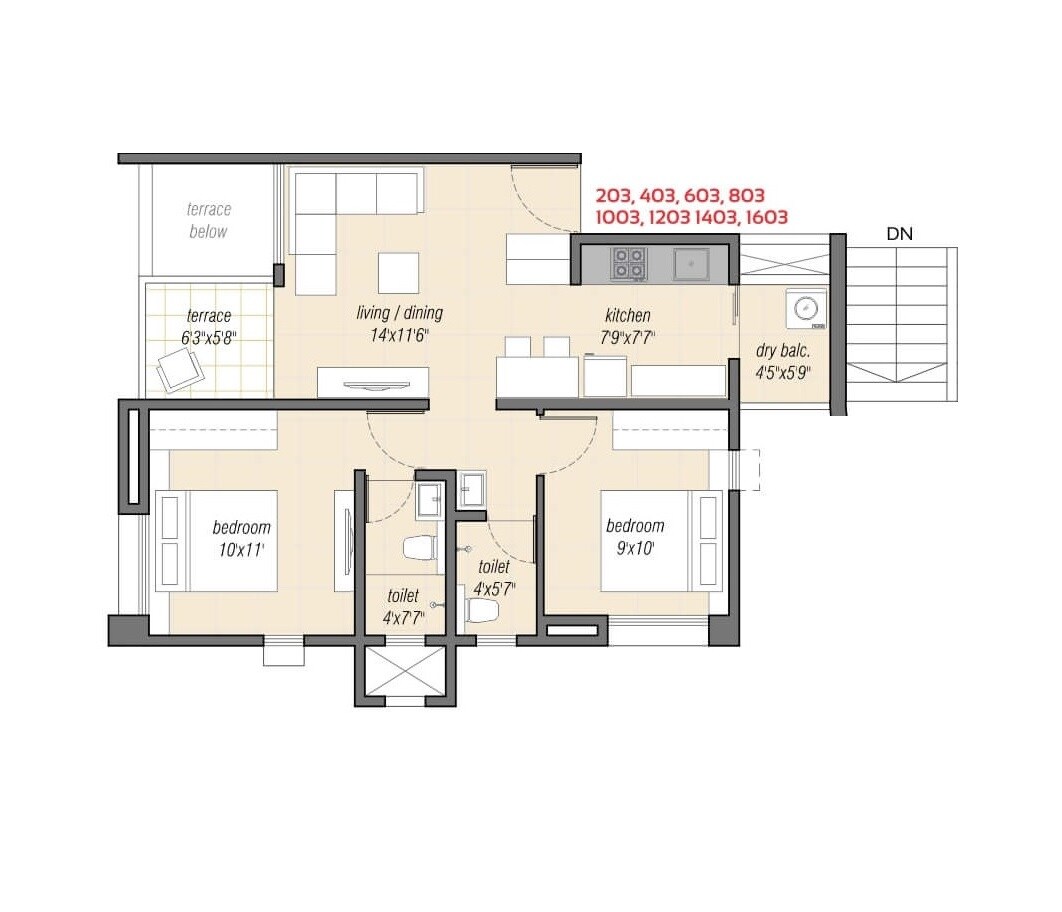 Floor plan of 2 BHK 692 Sq. Ft. Apartment in Little Earth Masulkar City Phase 2, Pune