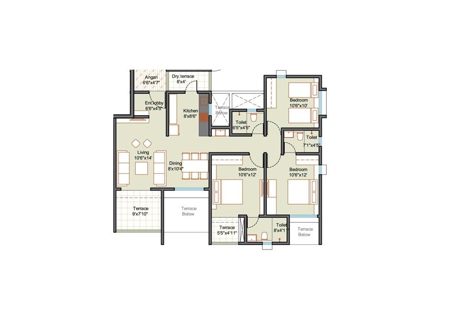 Floor plan of 3 BHK 788 Sq. Ft. Apartment in Little Earth Masulkar City Phase 2, Pune