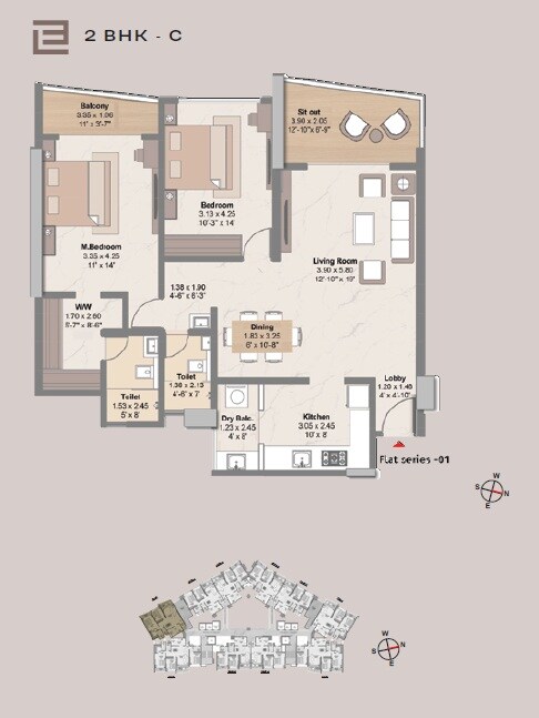 Floor plan of 2 BHK 1100 Sq. Ft. Apartment in Livience Unione, Pune